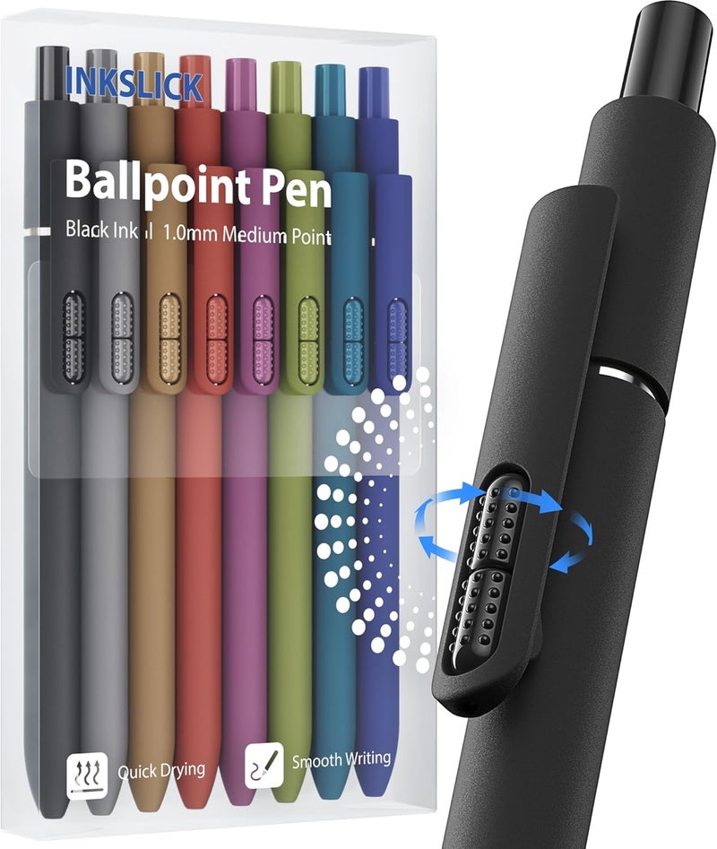 InkSlick 8 Pcs Black Ballpoint Pens - 1.0mm Medium Point Smooth Writing Black Ink Ball Point Pens | High-end Long Lasting Retractable Pen for School, Home, Office (Vintage-8pcs) - Image 1
